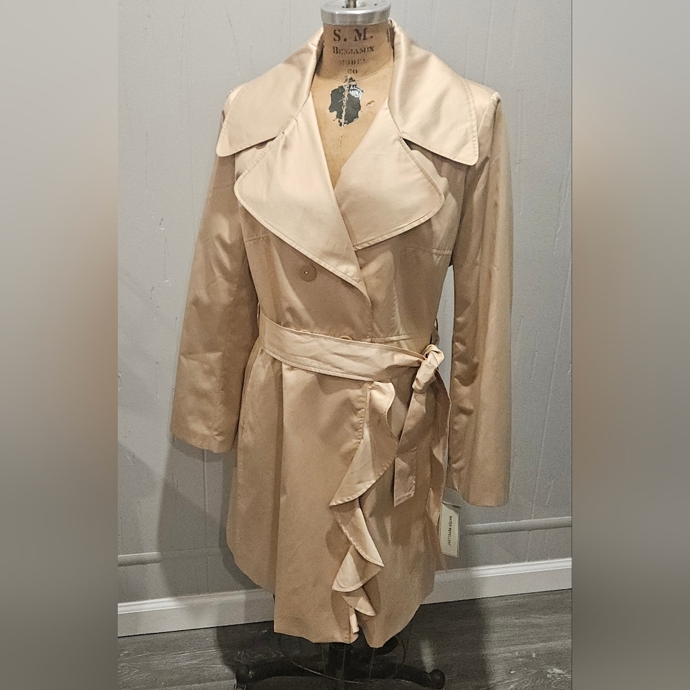 Larry Levine Trench Coat Jacket Double Breasted With Ruffle Trim NWT